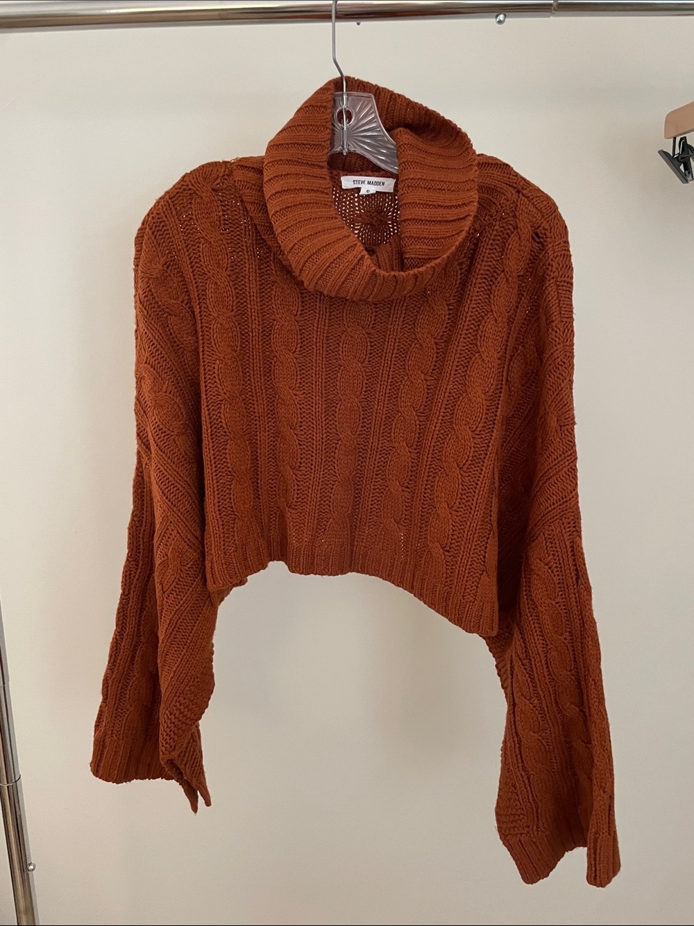 Steve Madden Cozy Cropped Cable Knit Turtleneck Sweater - Rust